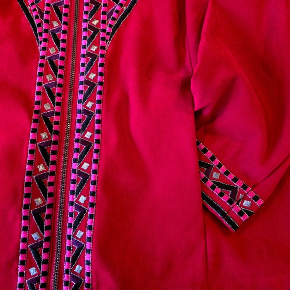 Bob Mackie Wearable Art Red Embroidered Zip Up Jacket Mock Neck Medium - Picture 4 of 10
